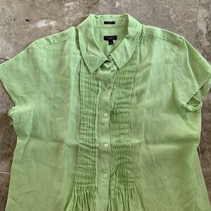 Talbots Irish Linen Short Sleeve Pleated Button Up Blouse Women's Size L Green